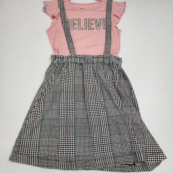 Girls Plaid Houndstooth Black Grey & Pink Suspenders Jumper Dress Outfit Size S - Picture 1 of 5